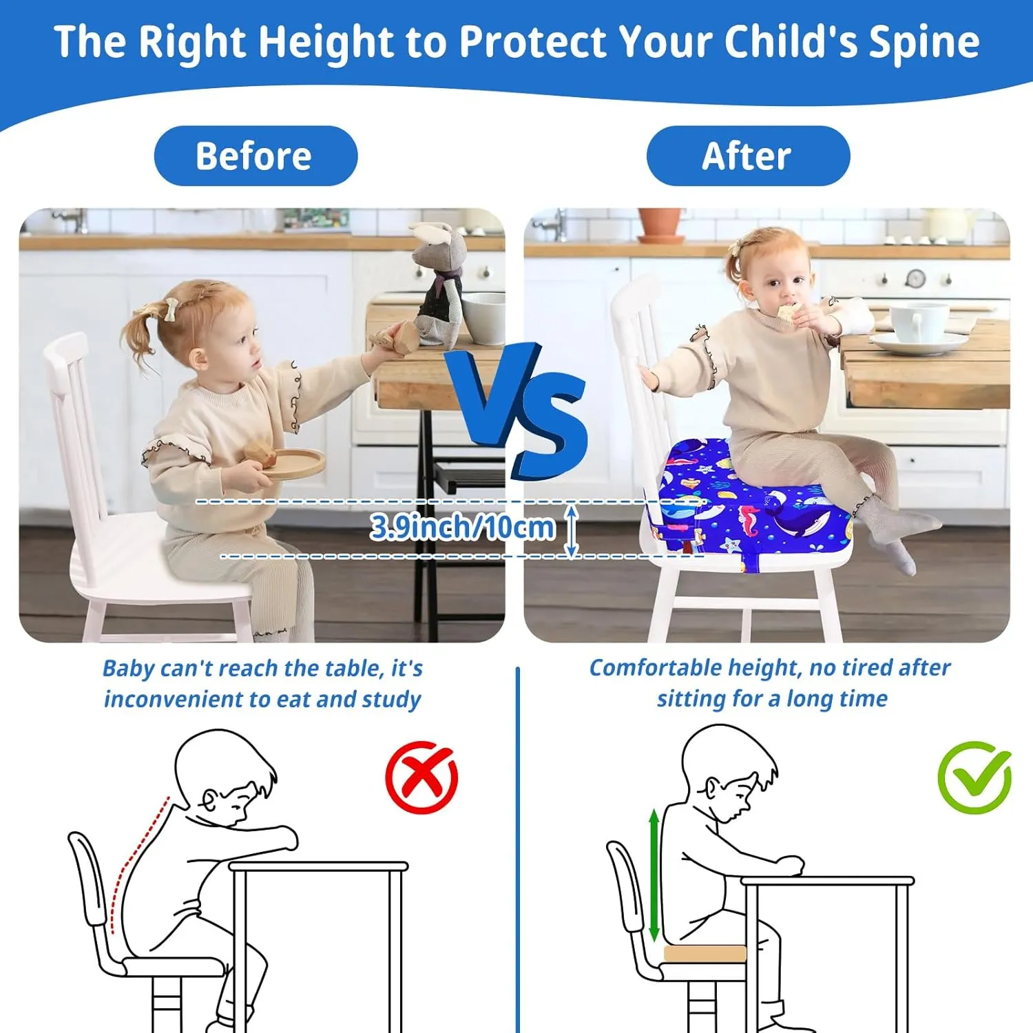 Toddler Booster Seat for Kitchen Chair, Non-Slip Kids Dining Table Booster Seat with Adjustable Safer Straps, Portable Baby Eating Travel Camping Increasing Cushion