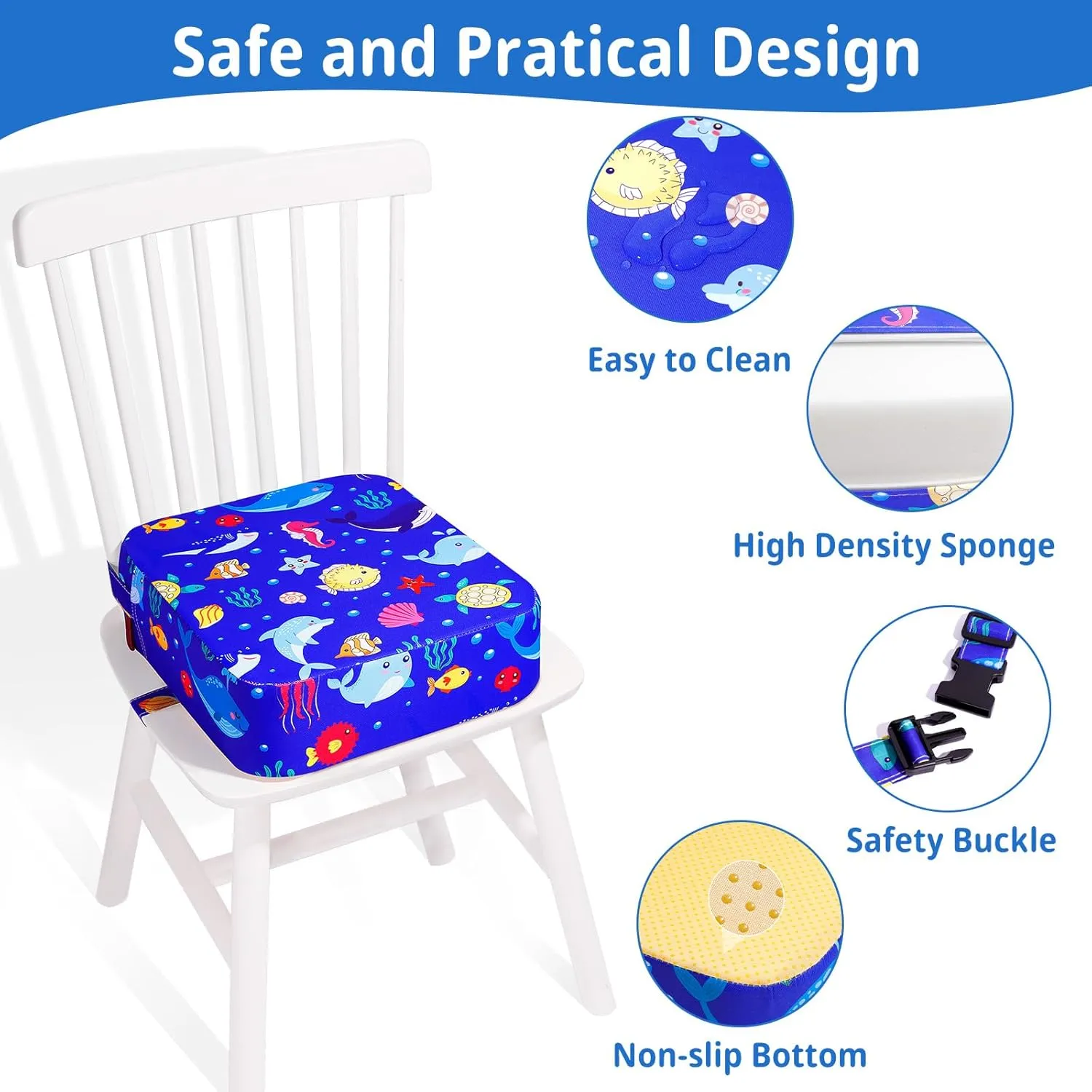 Toddler Booster Seat for Kitchen Chair, Non-Slip Kids Dining Table Booster Seat with Adjustable Safer Straps, Portable Baby Eating Travel Camping Increasing Cushion