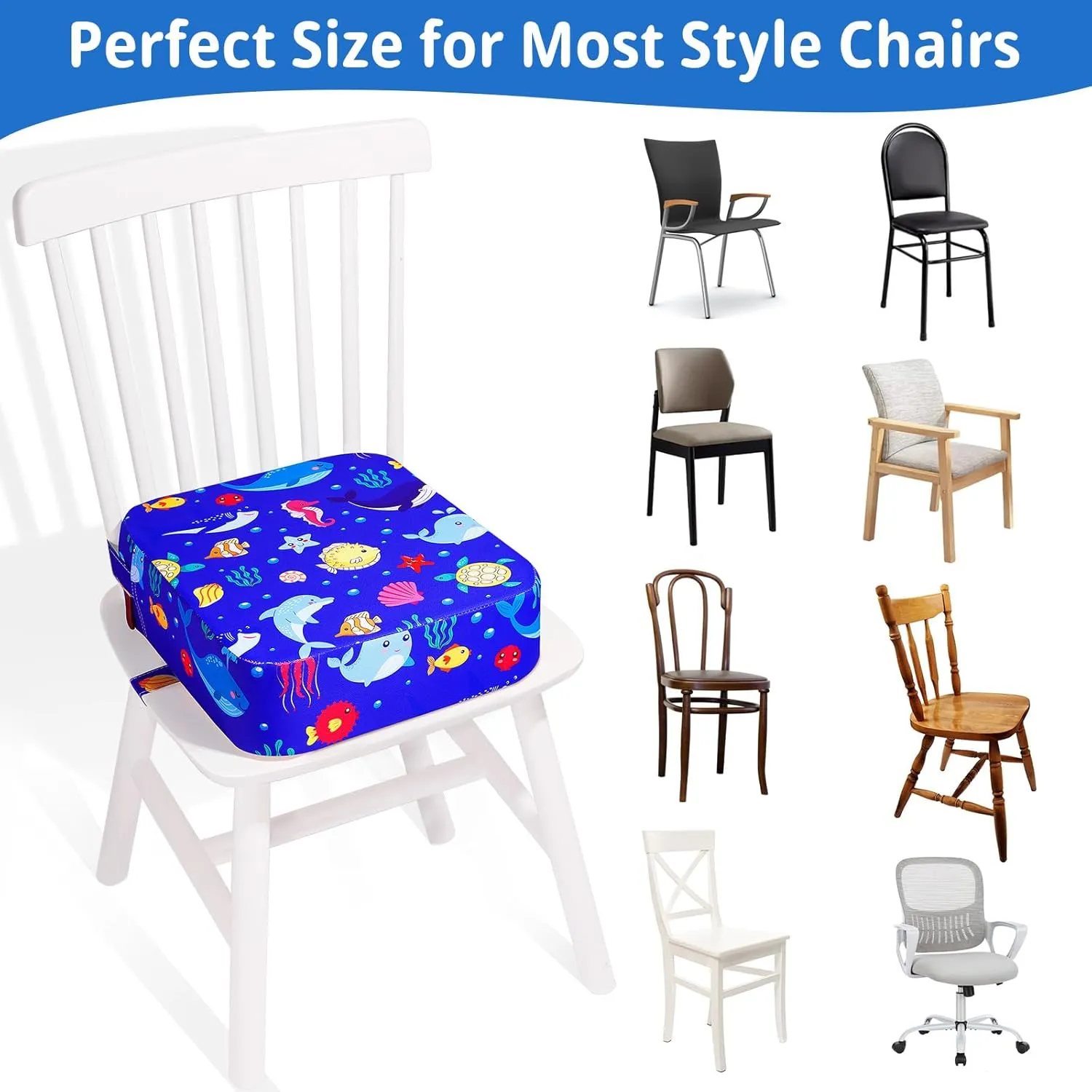 Toddler Booster Seat for Kitchen Chair, Non-Slip Kids Dining Table Booster Seat with Adjustable Safer Straps, Portable Baby Eating Travel Camping Increasing Cushion