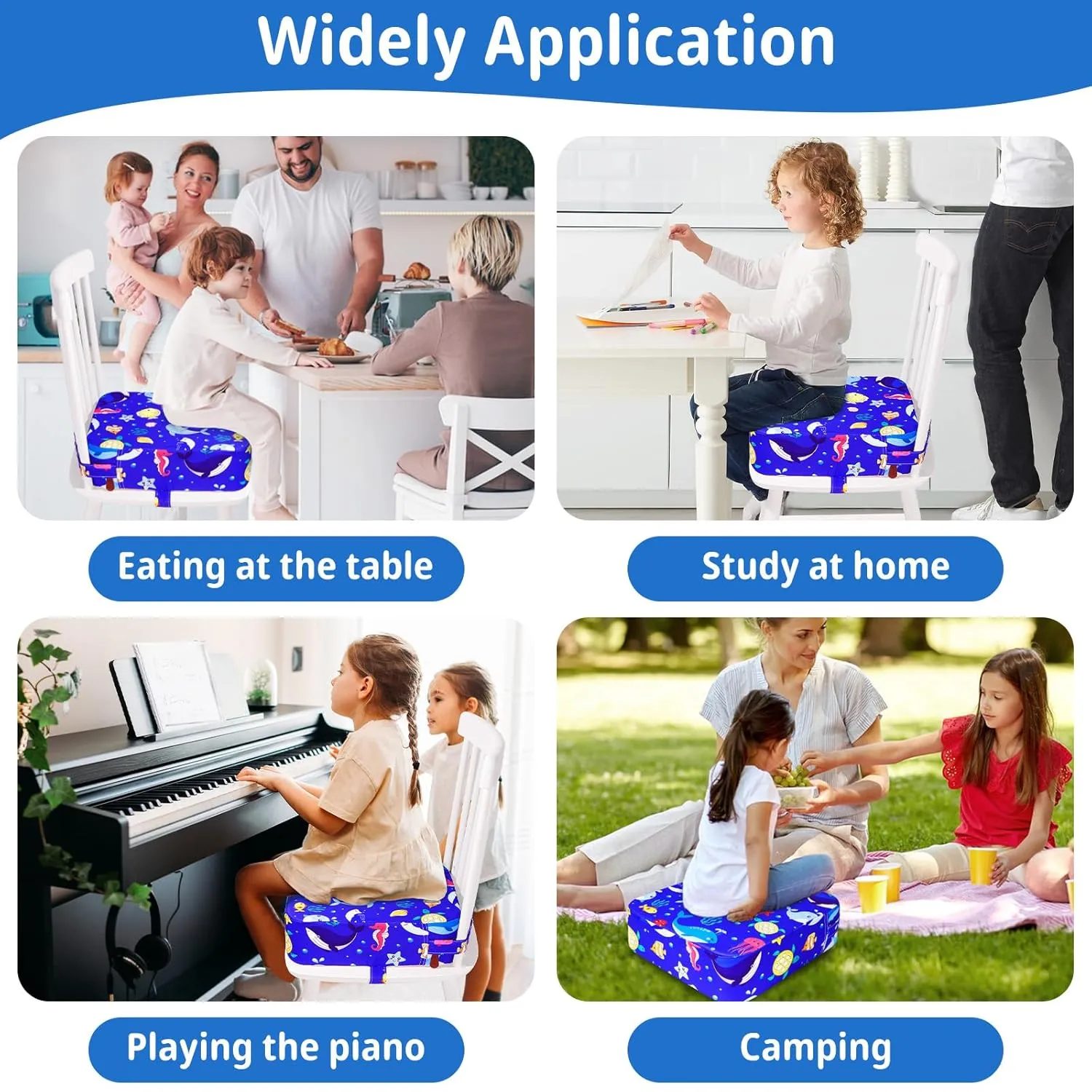 Toddler Booster Seat for Kitchen Chair, Non-Slip Kids Dining Table Booster Seat with Adjustable Safer Straps, Portable Baby Eating Travel Camping Increasing Cushion