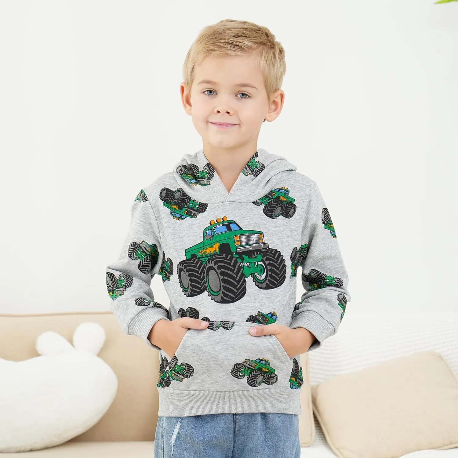 Toddler Boy Hoodie Cartoon Graphic Fall Clothes Kids Cute Sweatshirts With Kangaroo Pocket 2-8T