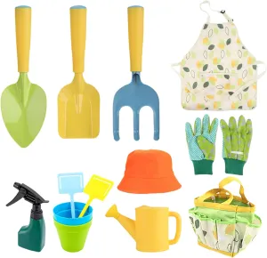 Toddler Gardening Set,11Pcs Kids Gardening Set, Including Shovel, Rake, Watering Pot, Gloves, Apron, Hat, Flowerpot ＆ Tote Bag, Kids Gardening Tools for Boys Girls