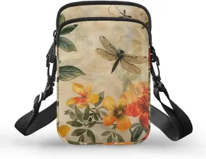TODIYADDU Small Crossbody Phone Bags for Women Artistic Dragonfly Flower Cell Phone Purse Wallet with Zip Pocket Trendy Chest Bag for Traveling Hiking Portable Handbags for Passport Cards Keys Gifts