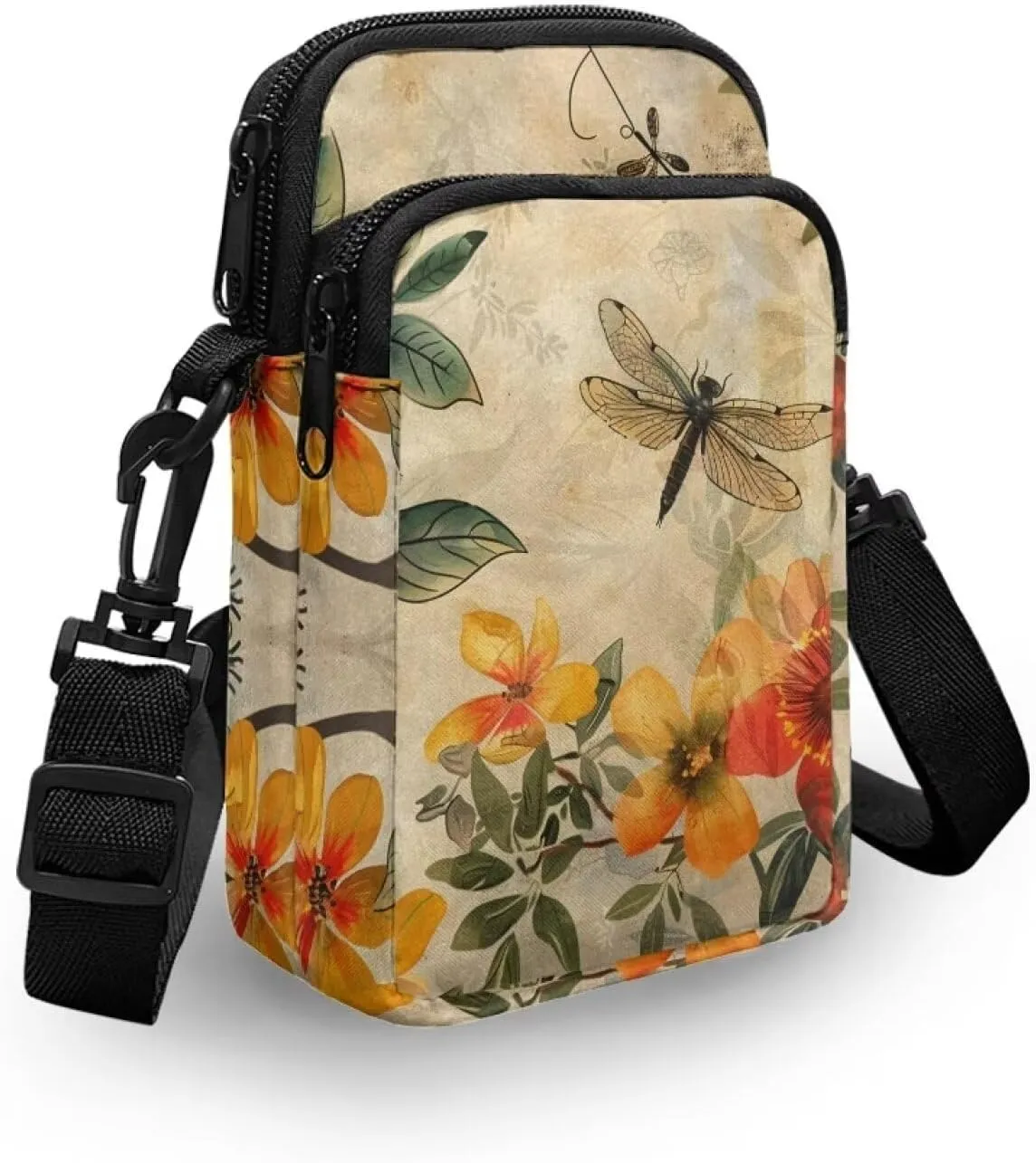 TODIYADDU Small Crossbody Phone Bags for Women Artistic Dragonfly Flower Cell Phone Purse Wallet with Zip Pocket Trendy Chest Bag for Traveling Hiking Portable Handbags for Passport Cards Keys Gifts