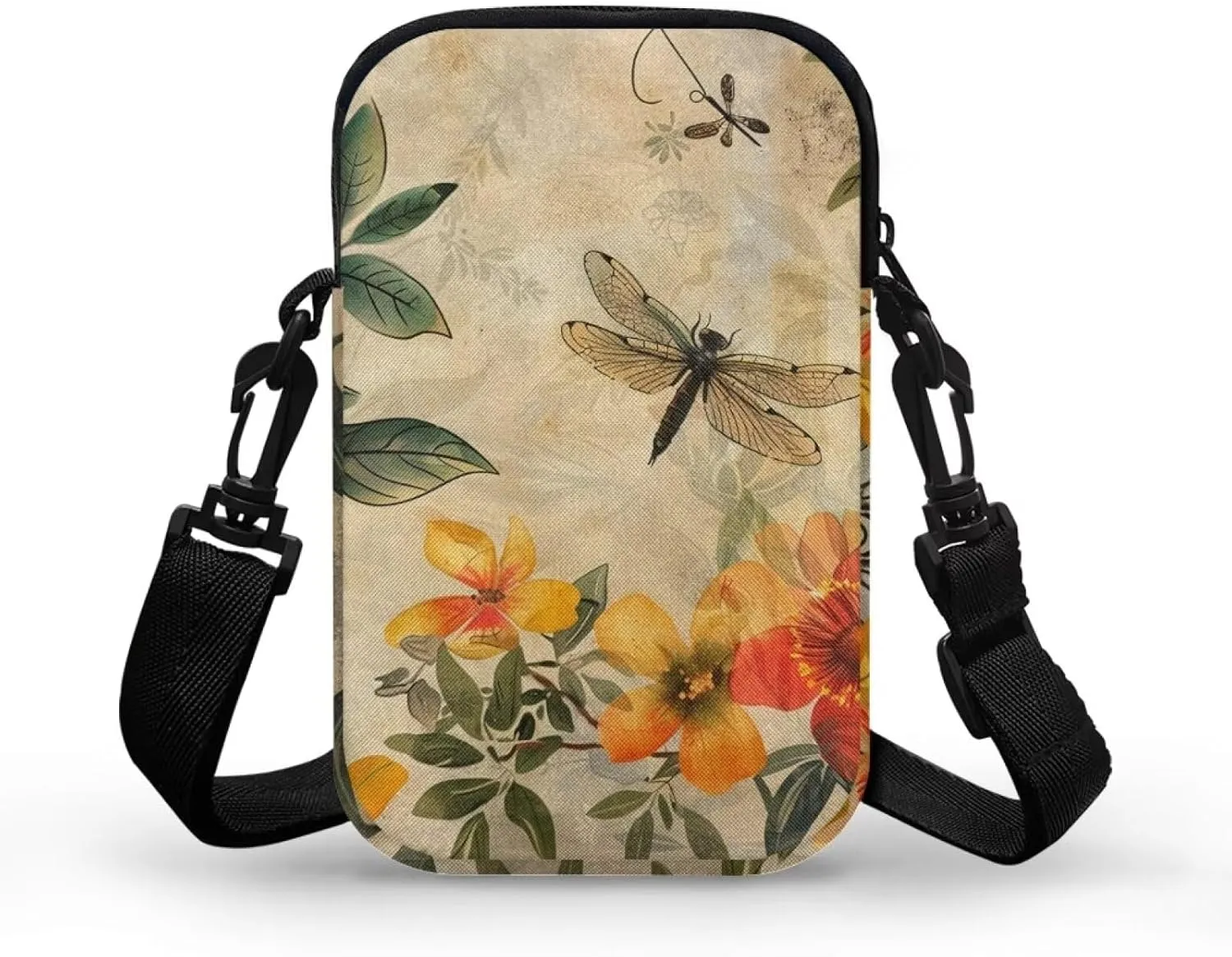 TODIYADDU Small Crossbody Phone Bags for Women Artistic Dragonfly Flower Cell Phone Purse Wallet with Zip Pocket Trendy Chest Bag for Traveling Hiking Portable Handbags for Passport Cards Keys Gifts