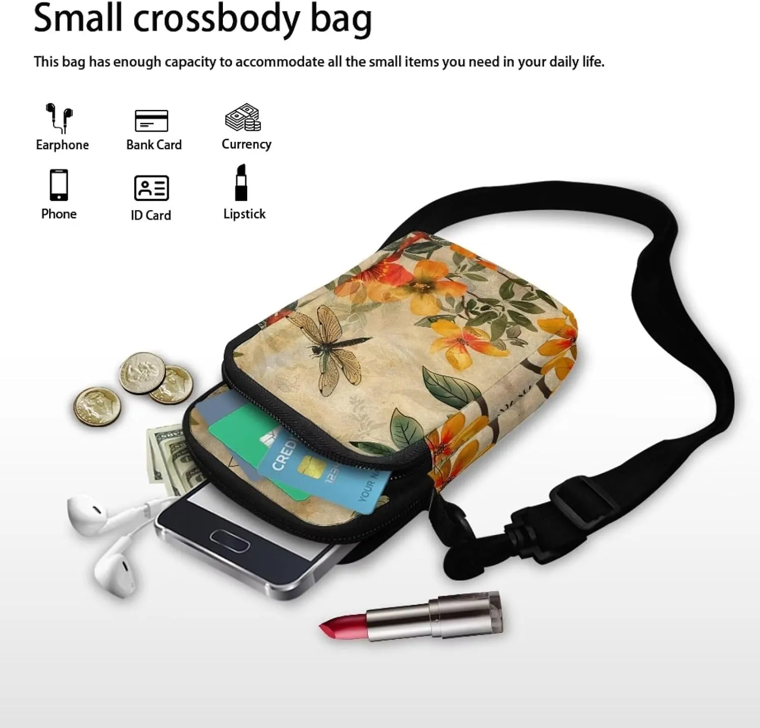 TODIYADDU Small Crossbody Phone Bags for Women Artistic Dragonfly Flower Cell Phone Purse Wallet with Zip Pocket Trendy Chest Bag for Traveling Hiking Portable Handbags for Passport Cards Keys Gifts