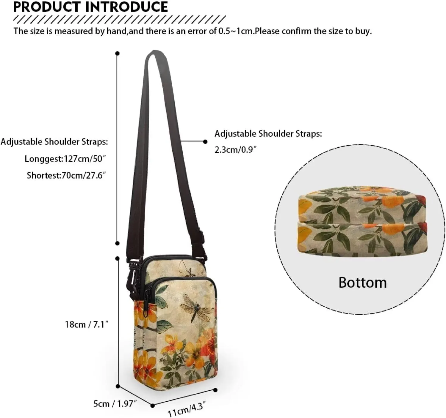 TODIYADDU Small Crossbody Phone Bags for Women Artistic Dragonfly Flower Cell Phone Purse Wallet with Zip Pocket Trendy Chest Bag for Traveling Hiking Portable Handbags for Passport Cards Keys Gifts