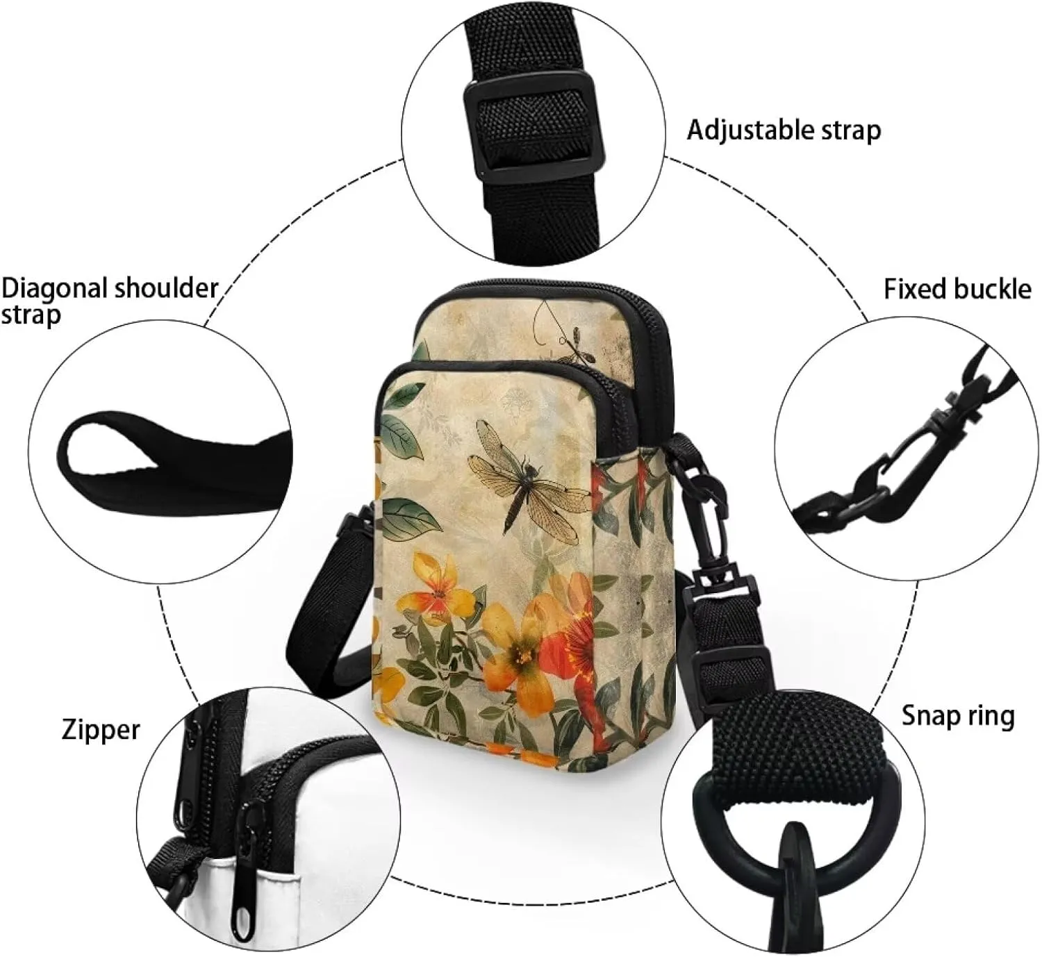 TODIYADDU Small Crossbody Phone Bags for Women Artistic Dragonfly Flower Cell Phone Purse Wallet with Zip Pocket Trendy Chest Bag for Traveling Hiking Portable Handbags for Passport Cards Keys Gifts