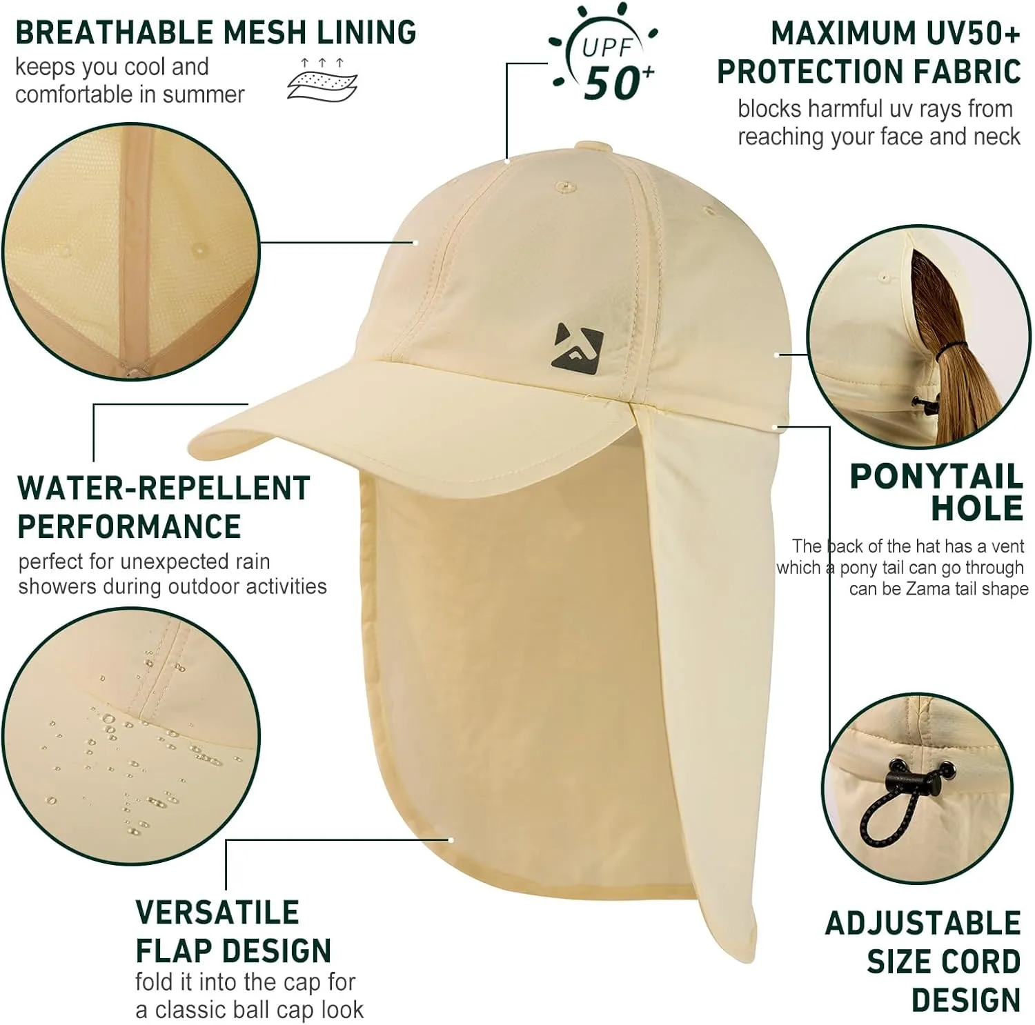TOP-EX L/XL Sun Hats for Women Ponytail Baseball Cap with Neck Flap UPF50 Summer Hiking Gardening Hat Waterproof