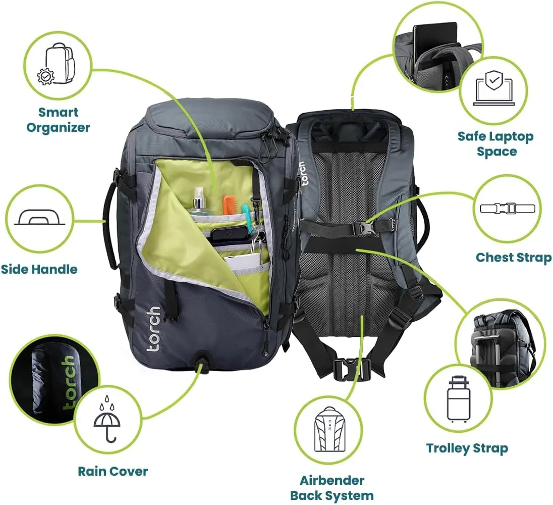 torch 40L Travel Backpack for Men - Large Carry On Backpack Airline Approved with Rain Cover for Camping, Hiking, Outdoor - Takahagi (Iron Grey)