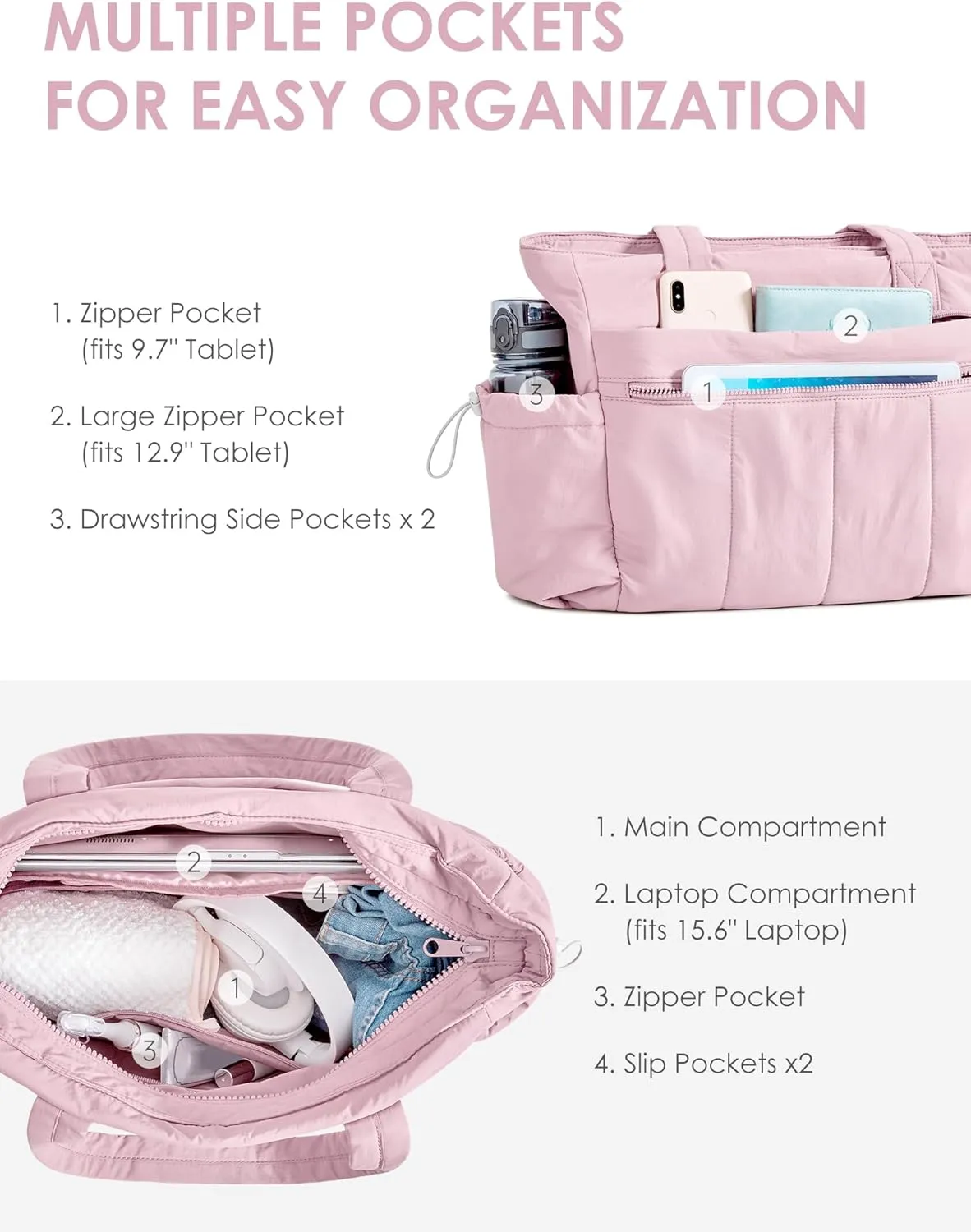 Tote Bag for Women, Lightweight Large Puffer Bag, Quilted Shoulder Purses Handbags for Travel Work