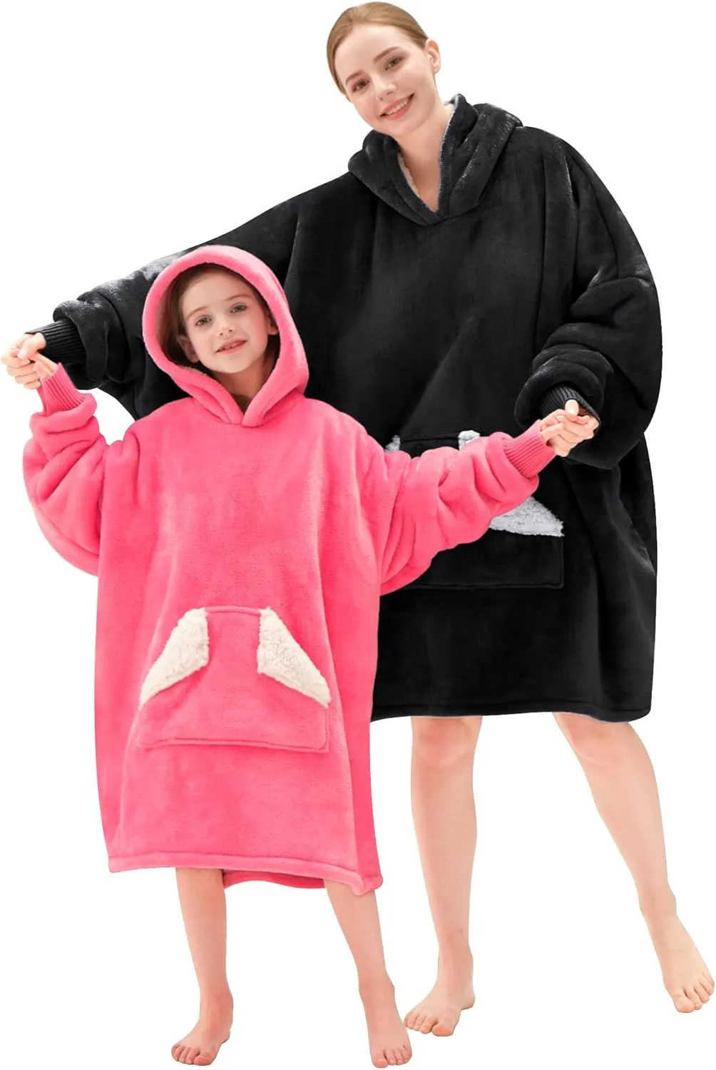Touchat Wearable Blanket Hoodie, Oversized Sherpa Blanket Sweatshirt with Hood Pocket and Sleeves, Gifts Hooded Blanket for Adult Women Men (Black)