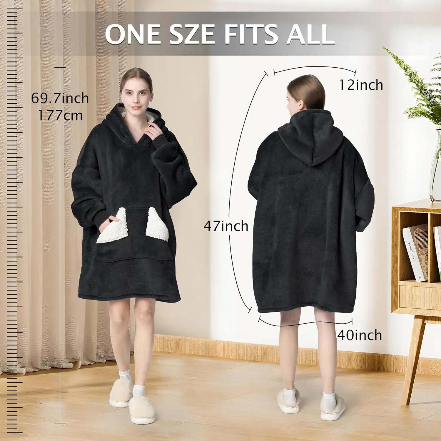 Touchat Wearable Blanket Hoodie, Oversized Sherpa Blanket Sweatshirt with Hood Pocket and Sleeves, Gifts Hooded Blanket for Adult Women Men (Black)