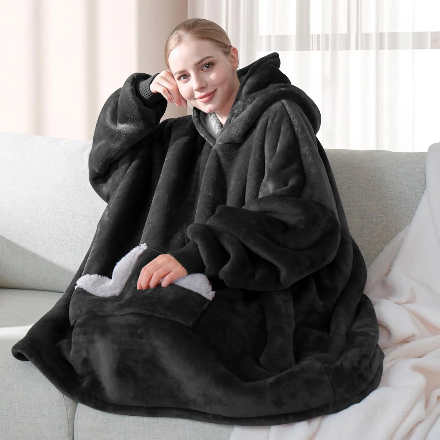 Touchat Wearable Blanket Hoodie, Oversized Sherpa Blanket Sweatshirt with Hood Pocket and Sleeves, Gifts Hooded Blanket for Adult Women Men (Black)