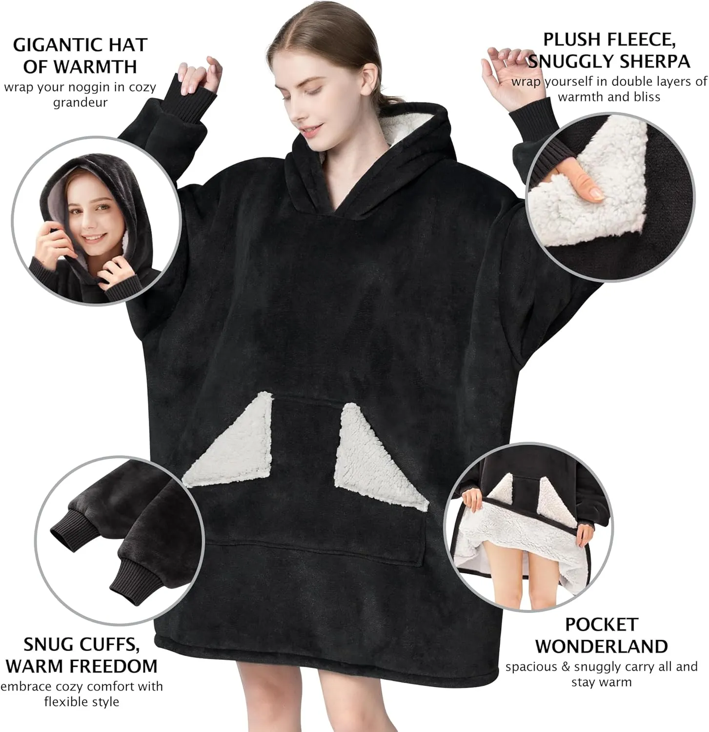 Touchat Wearable Blanket Hoodie, Oversized Sherpa Blanket Sweatshirt with Hood Pocket and Sleeves, Gifts Hooded Blanket for Adult Women Men (Black)