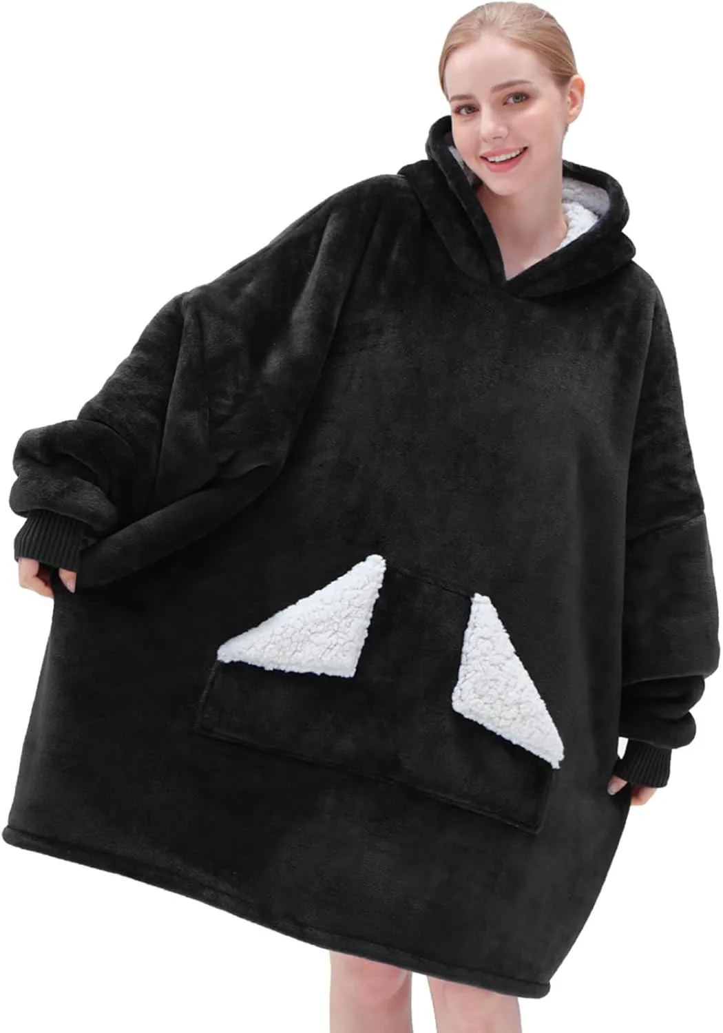 Touchat Wearable Blanket Hoodie, Oversized Sherpa Blanket Sweatshirt with Hood Pocket and Sleeves, Gifts Hooded Blanket for Adult Women Men (Black)