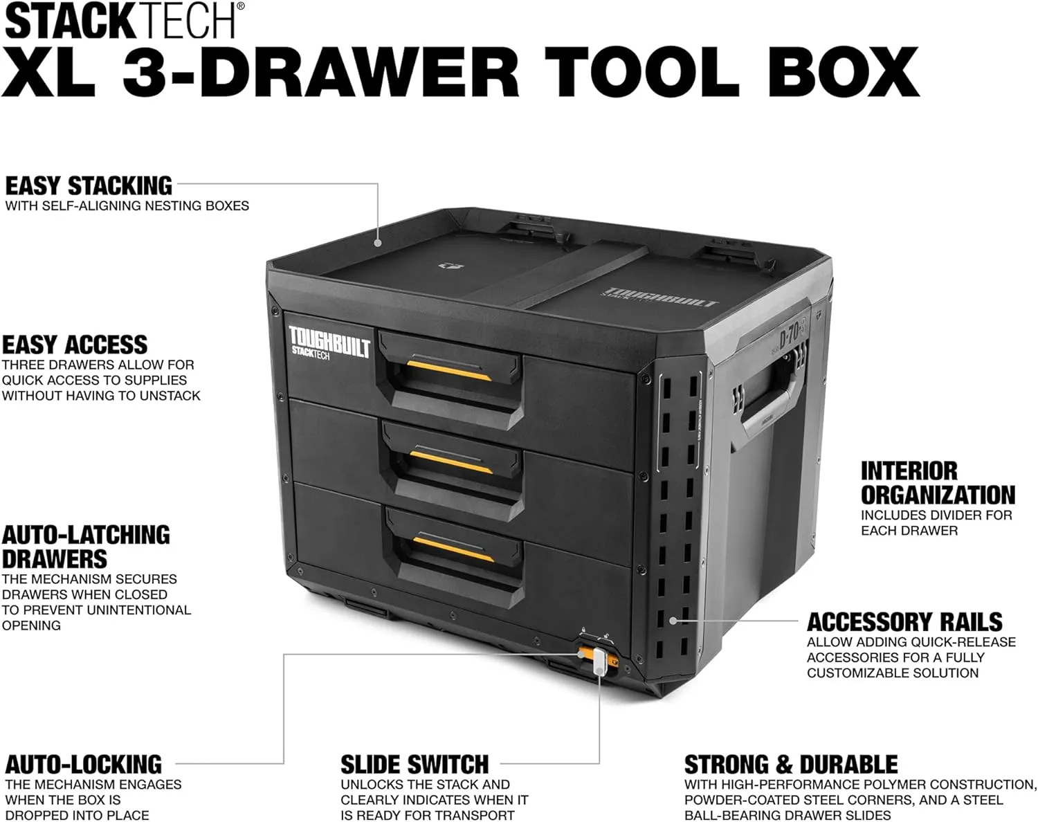 ToughBuilt StackTech 3-Drawer Tool Box, Durable Plastic Storage Organizer, Black
