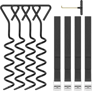 Trampoline Stakes Heavy Duty Trampoline Parts, Corkscrew Shape Steel Stakes Anchor Kit with T Hook for Trampolines -Set of 4 Bonus 4 Strong Belt (Black)