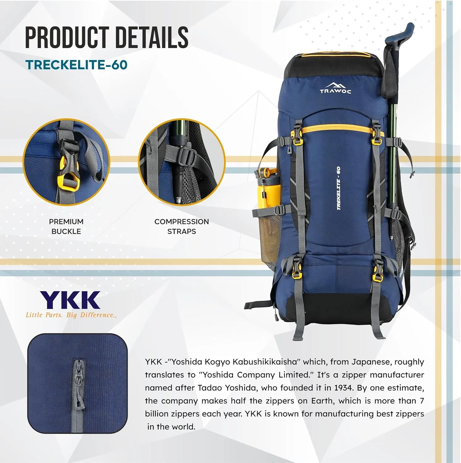 TREKELITE 60L Travel Backpack Hiking Trekking Bag Camping Rucksack for Men & Women with/Shoe Compartment-Navy Blue