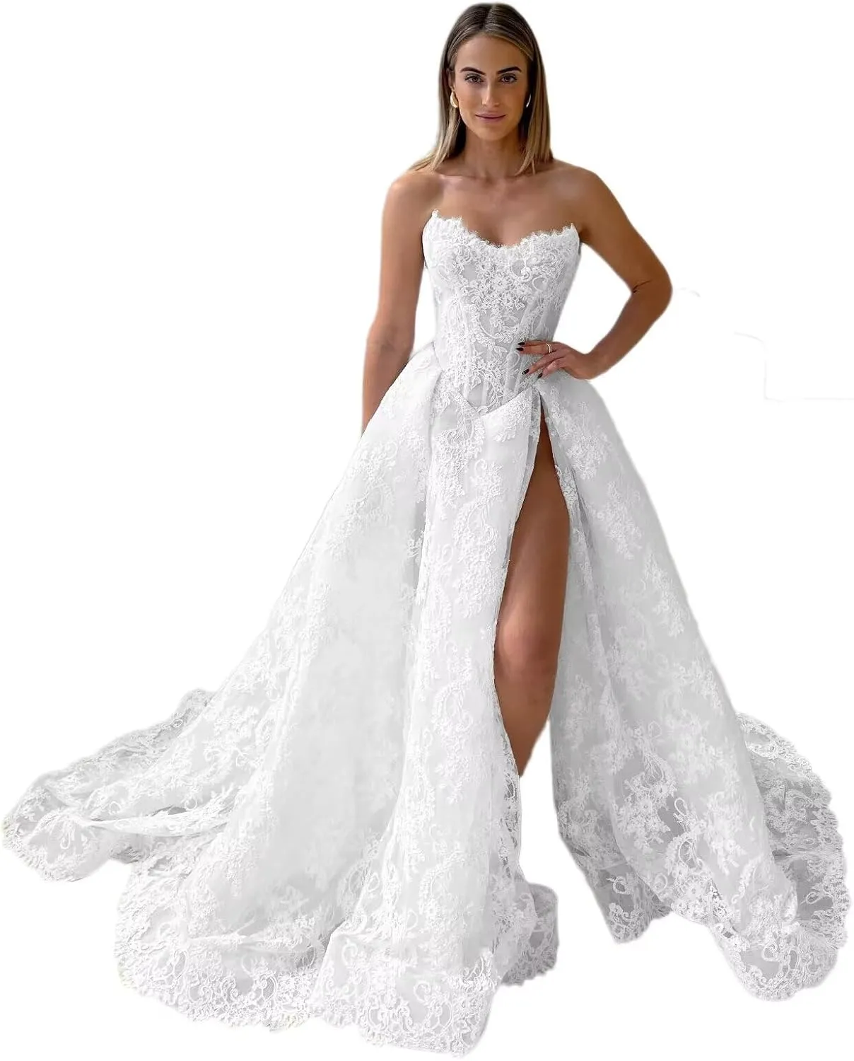 Tsbridal Lace Appliques Wedding Dresses for Bride Strapless Bridal Dress A Line Wedding Gowns with Slit