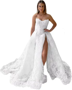 Tsbridal Lace Appliques Wedding Dresses for Bride Strapless Bridal Dress A Line Wedding Gowns with Slit