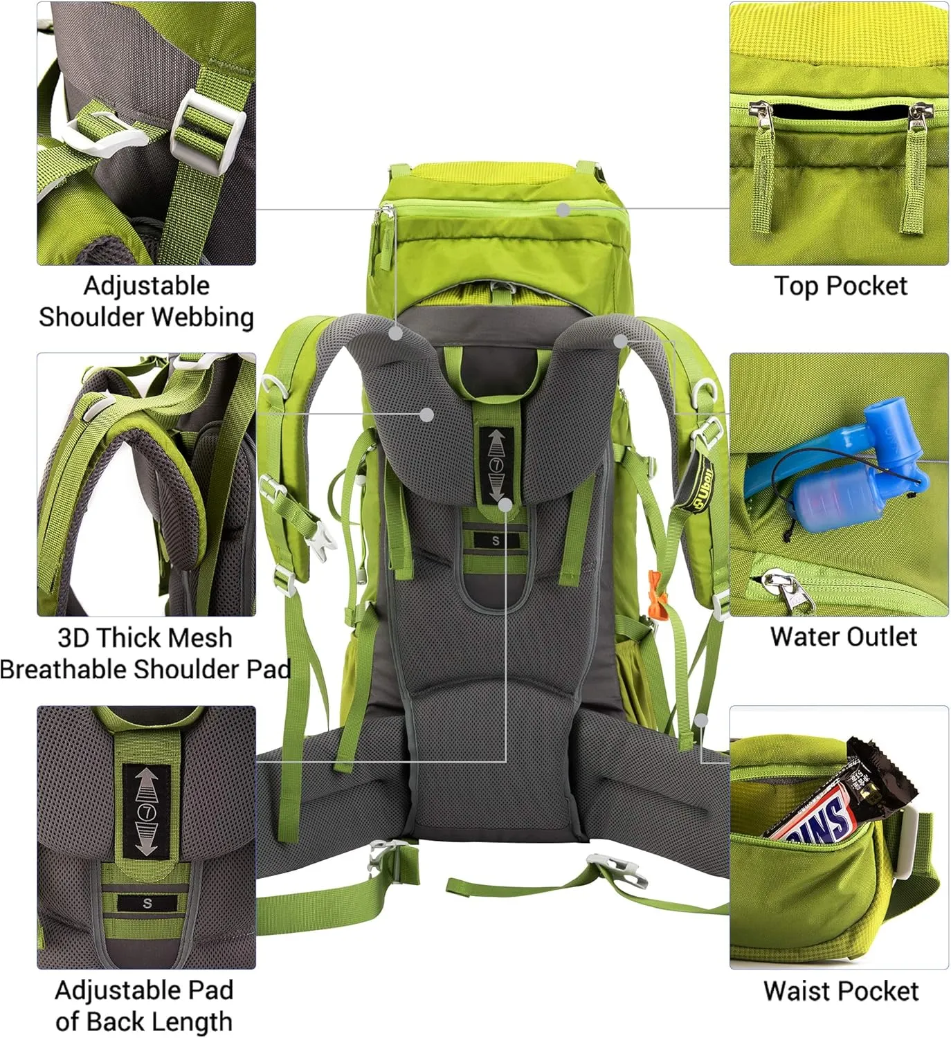 Ubon 60L Internal Frame Hiking Backpack Waterproof Camping Backpack with Rain Cover