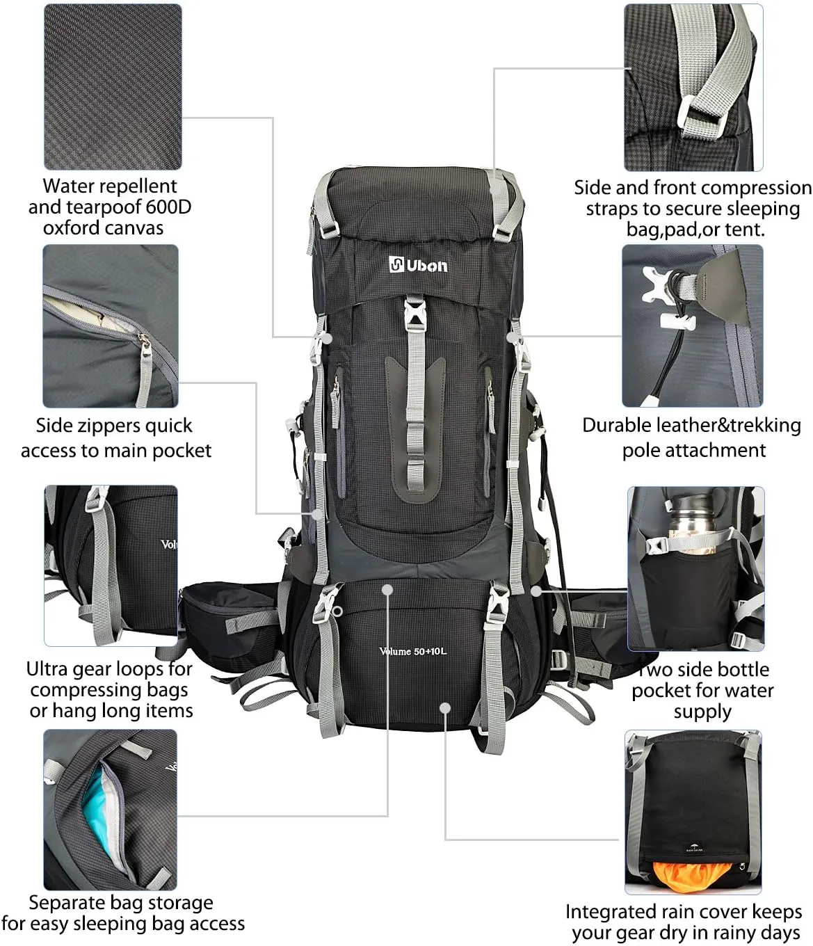 Ubon 60L Internal Frame Hiking Backpack Waterproof Camping Backpack with Rain Cover