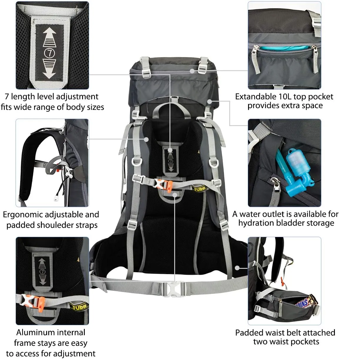 Ubon 60L Internal Frame Hiking Backpack Waterproof Camping Backpack with Rain Cover