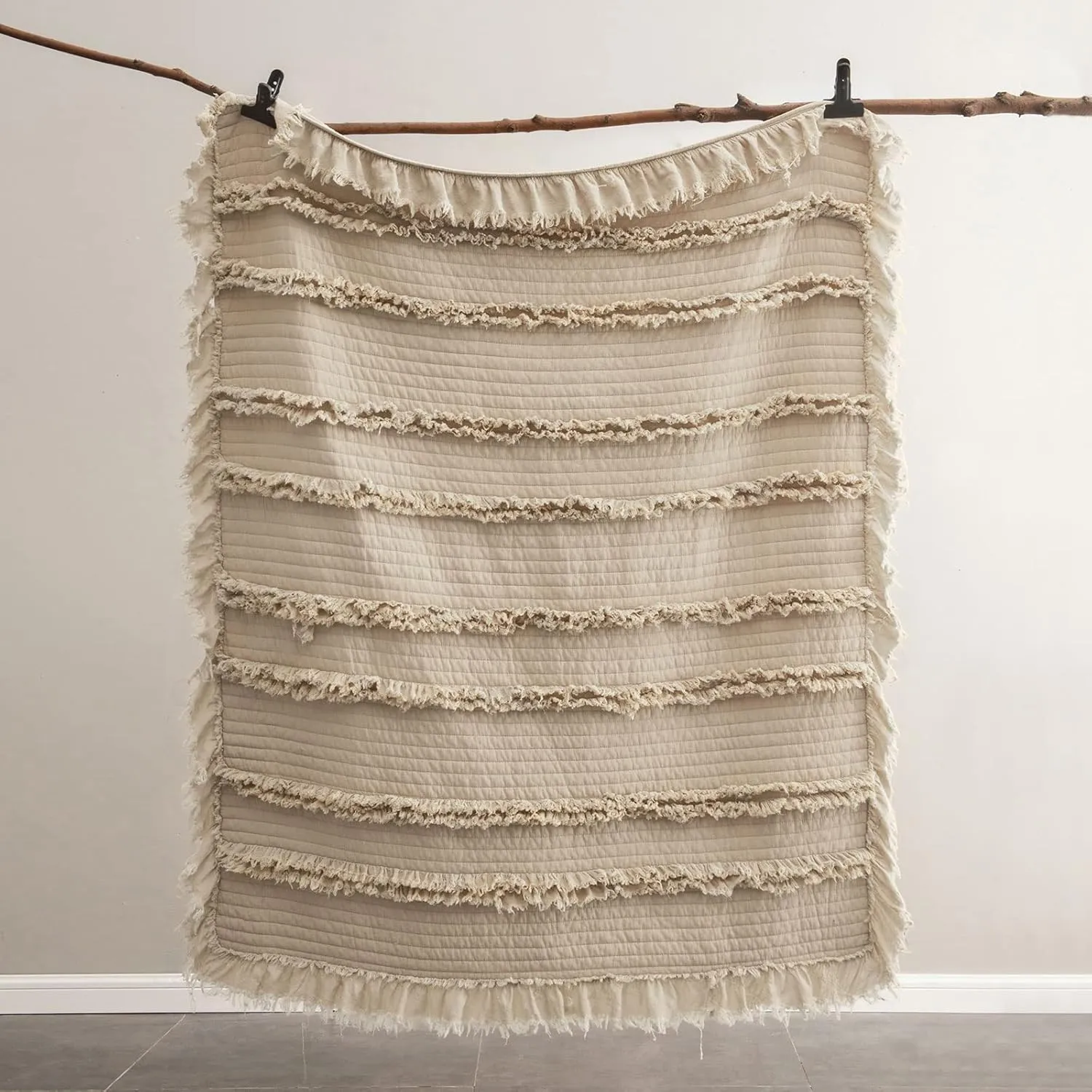 Ultra Soft Pre-Washed Quilted Boho Throw Blanket, Ruffle Fringed Beige Decorative Throw, Stone Washed Chic Rustic Blanket for Sofa Couch Bed Chair, 50"x 60"