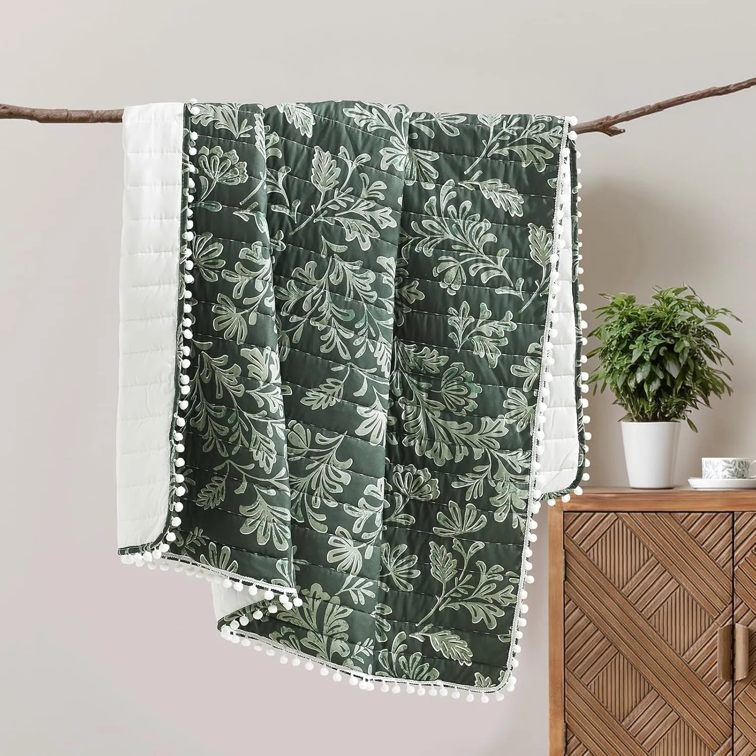 Ultra Soft Pre-Washed Quilted Throw Blanket, Floral Printed Pompom Fringed Dark Green Decorative Throws, Chic Rustic Blanket for Sofa Couch Bed Chair, 50"x 60"