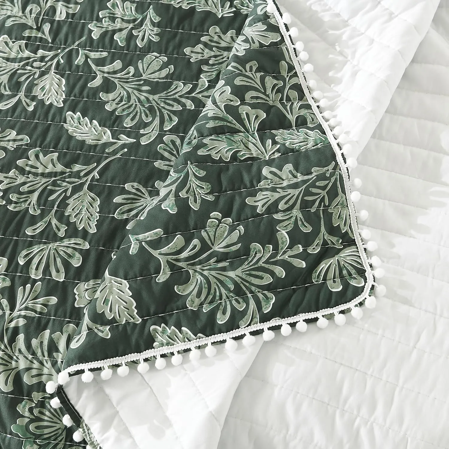 Ultra Soft Pre-Washed Quilted Throw Blanket, Floral Printed Pompom Fringed Dark Green Decorative Throws, Chic Rustic Blanket for Sofa Couch Bed Chair, 50"x 60"