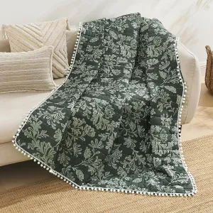 Ultra Soft Pre-Washed Quilted Throw Blanket, Floral Printed Pompom Fringed Dark Green Decorative Throws, Chic Rustic Blanket for Sofa Couch Bed Chair, 50"x 60"