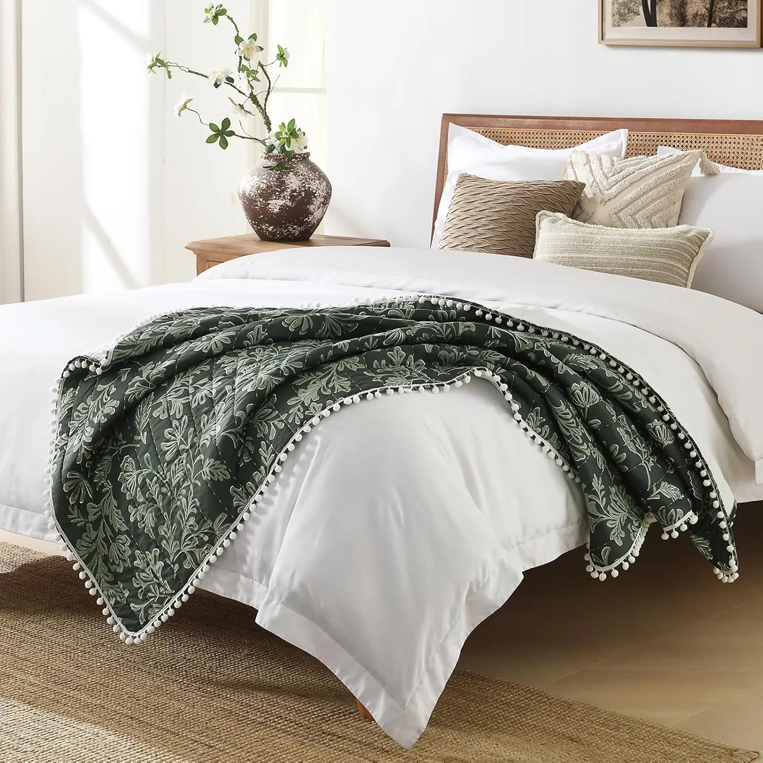 Ultra Soft Pre-Washed Quilted Throw Blanket, Floral Printed Pompom Fringed Dark Green Decorative Throws, Chic Rustic Blanket for Sofa Couch Bed Chair, 50"x 60"