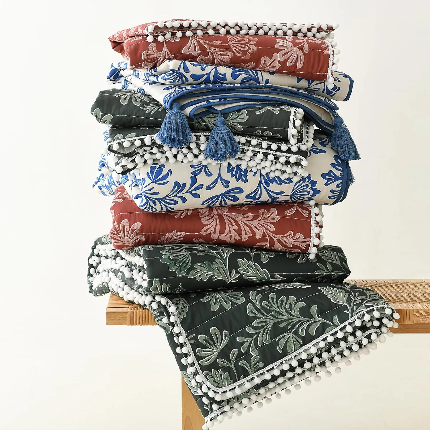 Ultra Soft Pre-Washed Quilted Throw Blanket, Floral Printed Pompom Fringed Dark Green Decorative Throws, Chic Rustic Blanket for Sofa Couch Bed Chair, 50"x 60"
