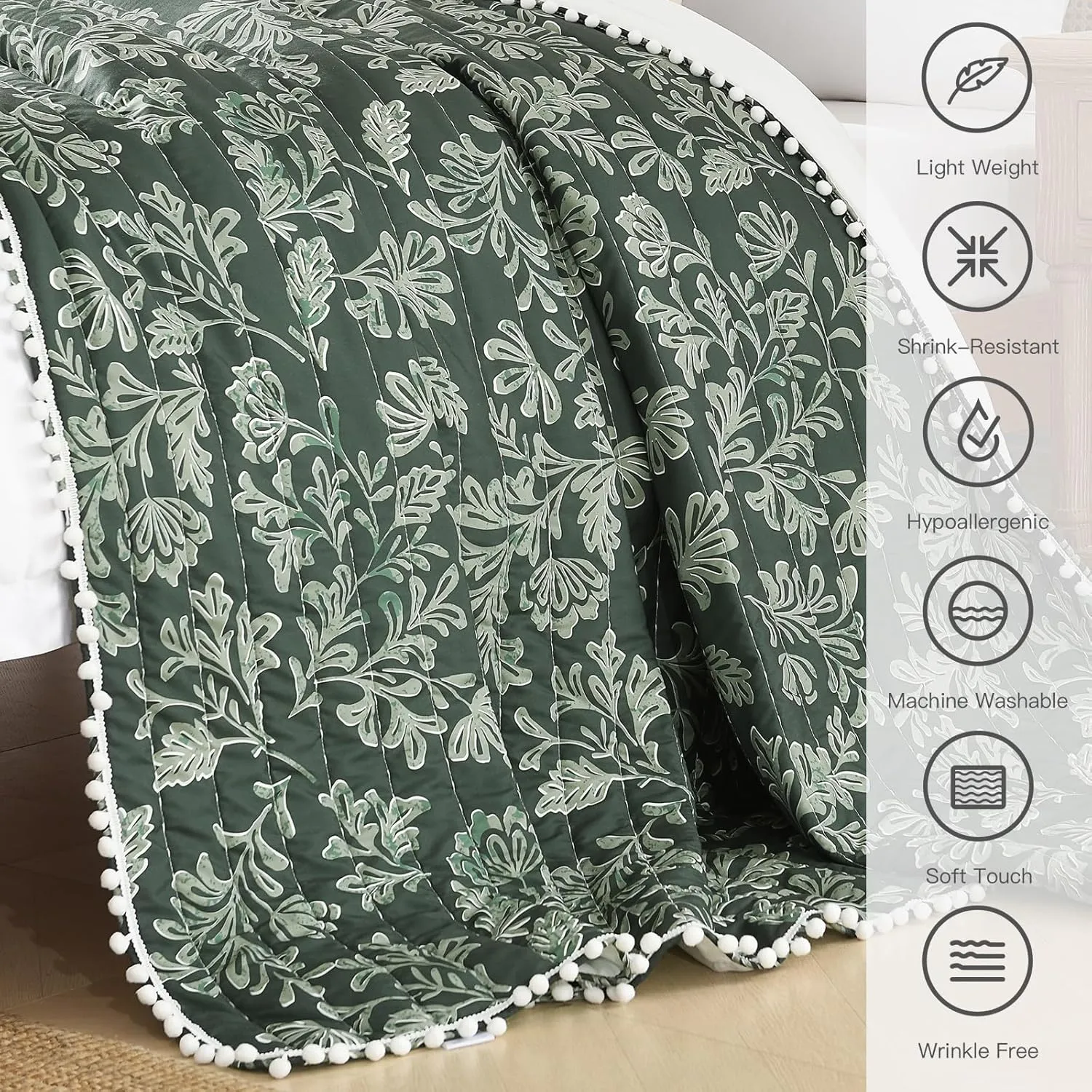Ultra Soft Pre-Washed Quilted Throw Blanket, Floral Printed Pompom Fringed Dark Green Decorative Throws, Chic Rustic Blanket for Sofa Couch Bed Chair, 50"x 60"
