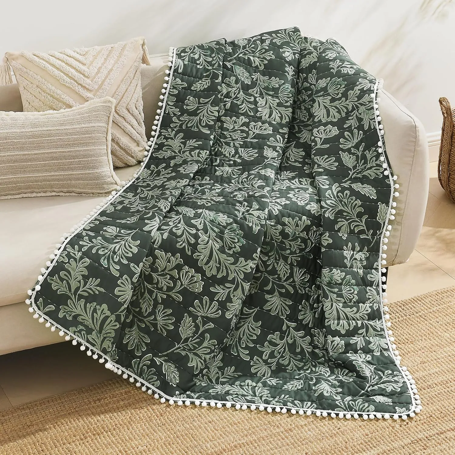 Ultra Soft Pre-Washed Quilted Throw Blanket, Floral Printed Pompom Fringed Dark Green Decorative Throws, Chic Rustic Blanket for Sofa Couch Bed Chair, 50"x 60"