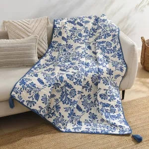 Ultra Soft Pre-Washed Quilted Throw Blanket, Floral Printed Tassels Fringed Blue and White Decorative Throws, Chic Rustic Blanket for Sofa Couch Bed Chair, 50"x 60"