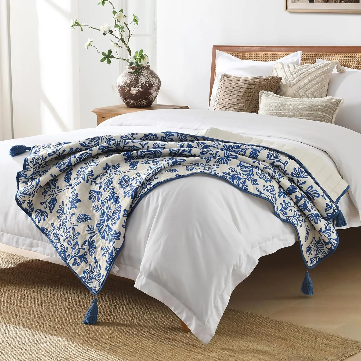 Ultra Soft Pre-Washed Quilted Throw Blanket, Floral Printed Tassels Fringed Blue and White Decorative Throws, Chic Rustic Blanket for Sofa Couch Bed Chair, 50"x 60"