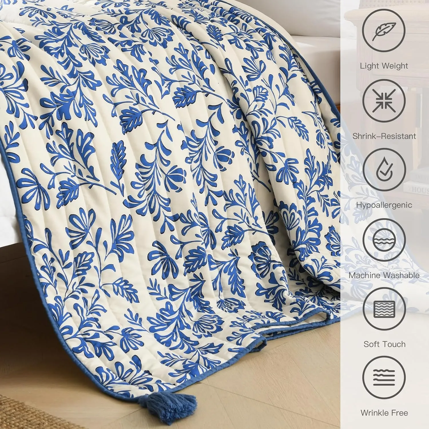 Ultra Soft Pre-Washed Quilted Throw Blanket, Floral Printed Tassels Fringed Blue and White Decorative Throws, Chic Rustic Blanket for Sofa Couch Bed Chair, 90"x 90"