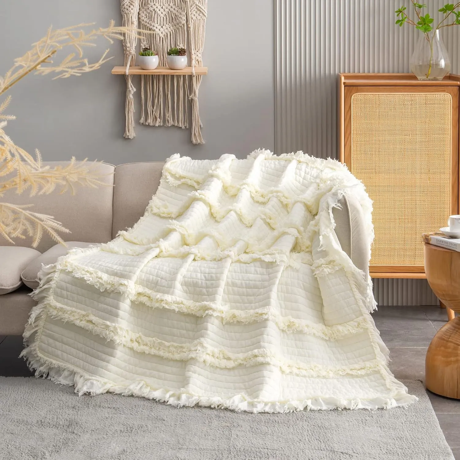 Ultra Soft Pre-Washed Warm Quilted Throw Blanket, Ruffle Fringed Cream Boho Decorative Throw, Stone Washed Chic Rustic Blanket for Sofa Couch Bed Chair, 50"x 60"