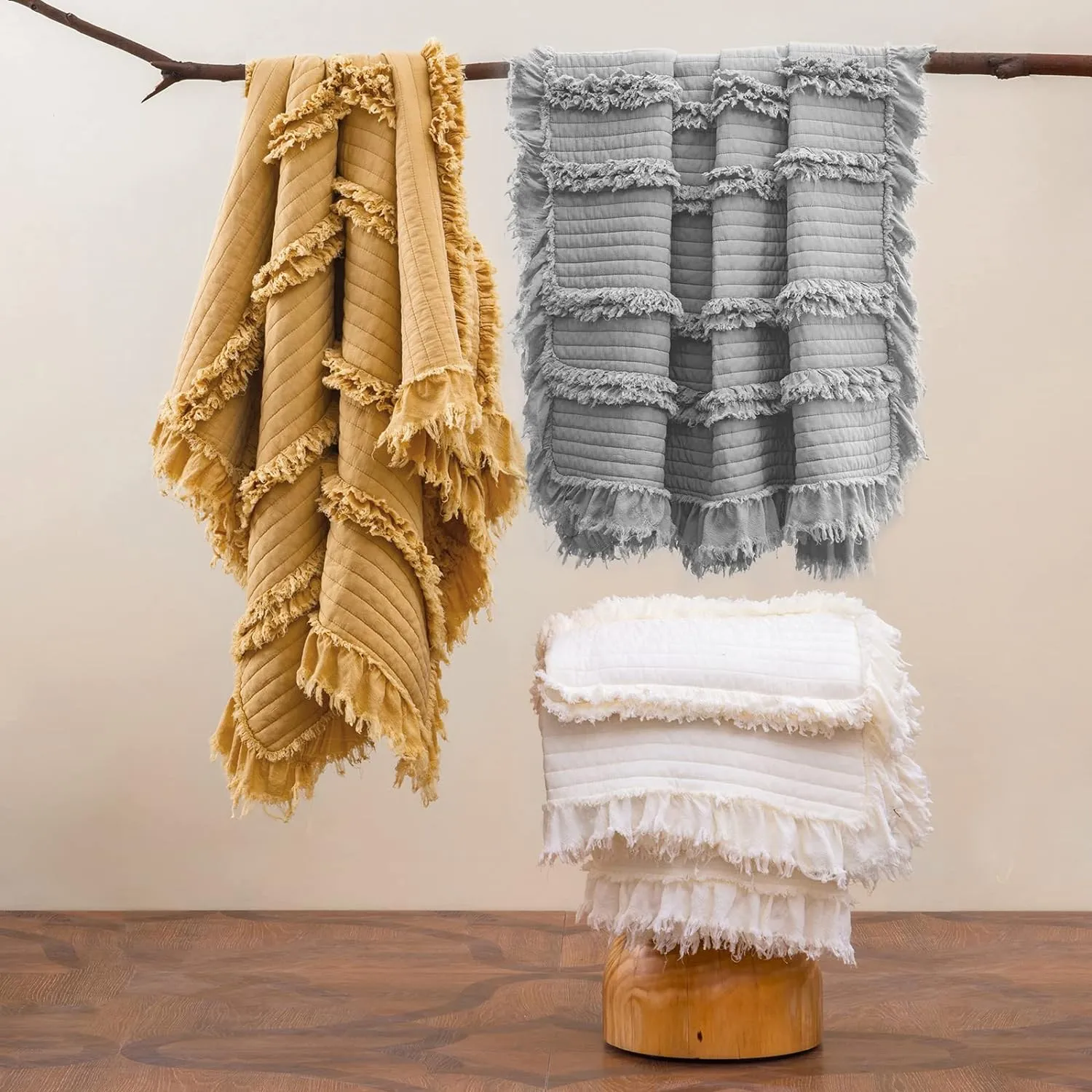 Ultra Soft Pre-Washed Warm Quilted Throw Blanket, Ruffle Fringed Cream Boho Decorative Throw, Stone Washed Chic Rustic Blanket for Sofa Couch Bed Chair, 50"x 60"