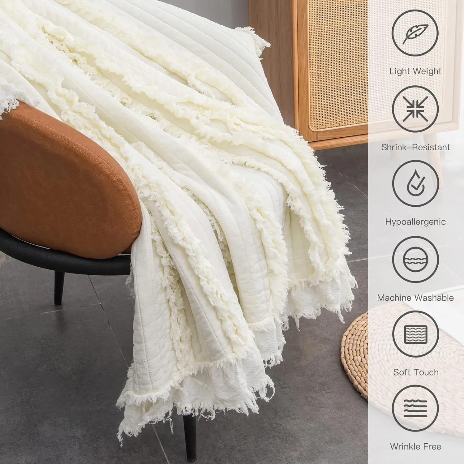 Ultra Soft Pre-Washed Warm Quilted Throw Blanket, Ruffle Fringed Cream Boho Decorative Throw, Stone Washed Chic Rustic Blanket for Sofa Couch Bed Chair, 50"x 60"