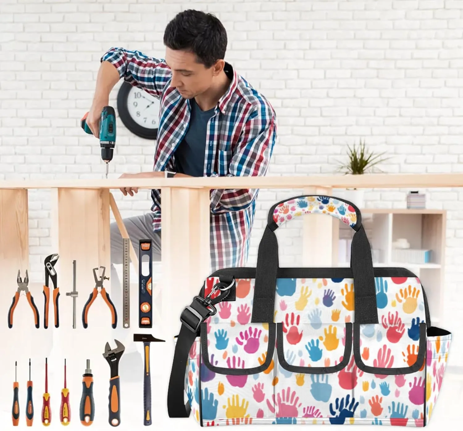 Unity Hands TOOL BAG with 14 Pockets, Adjustable Shoulder Strap Tool Tote Storage Bag, Waterproof Tool Organizer for Woodworking, Building, Gardening