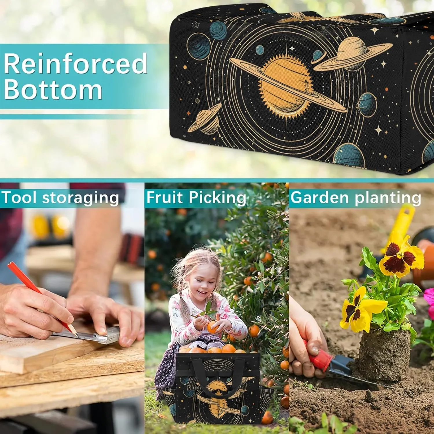 Universe Solar System Planets Garden Tool Bag, Heavy Duty Gardening Tote Bag Organizer with 10 Pockets for Women Men Gardening Gifts