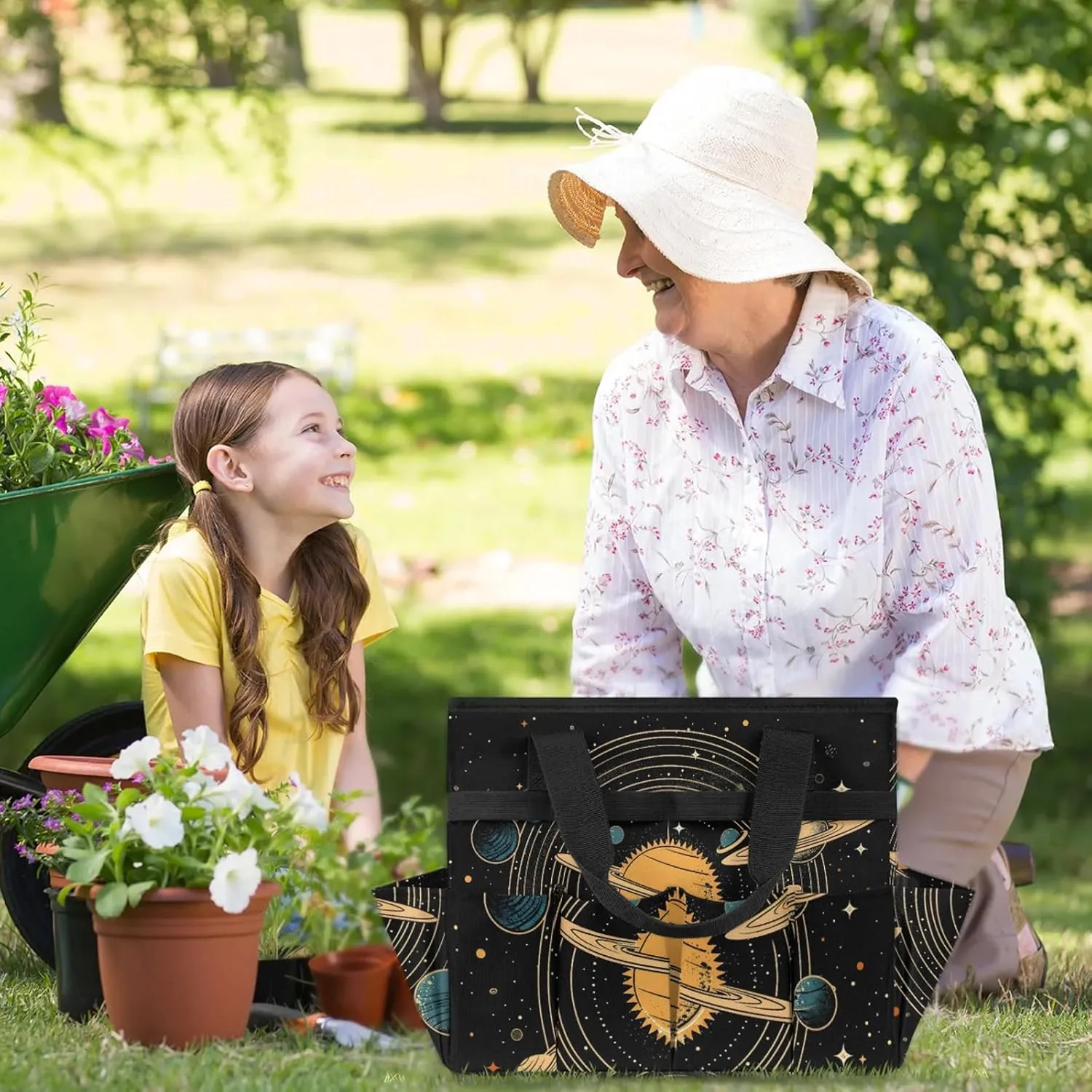 Universe Solar System Planets Garden Tool Bag, Heavy Duty Gardening Tote Bag Organizer with 10 Pockets for Women Men Gardening Gifts