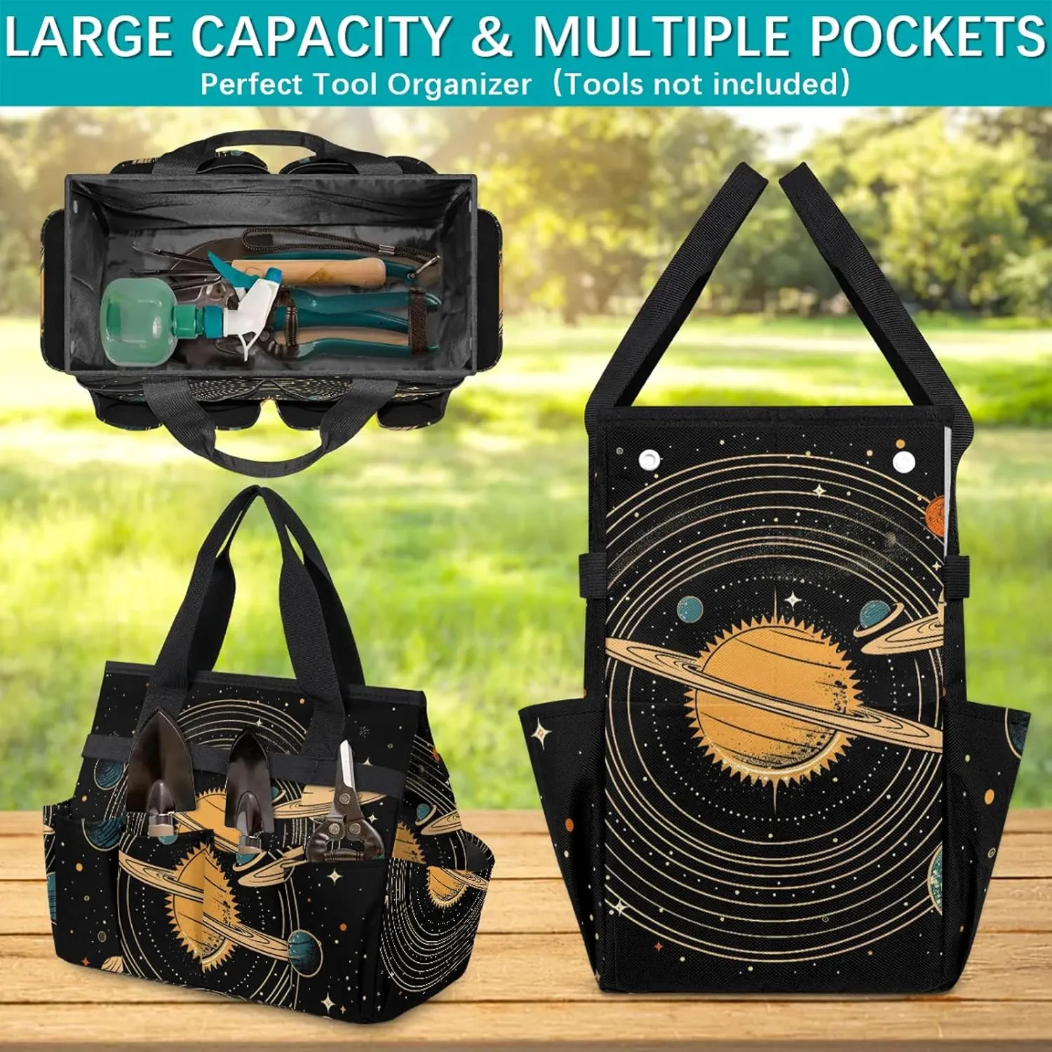 Universe Solar System Planets Garden Tool Bag, Heavy Duty Gardening Tote Bag Organizer with 10 Pockets for Women Men Gardening Gifts