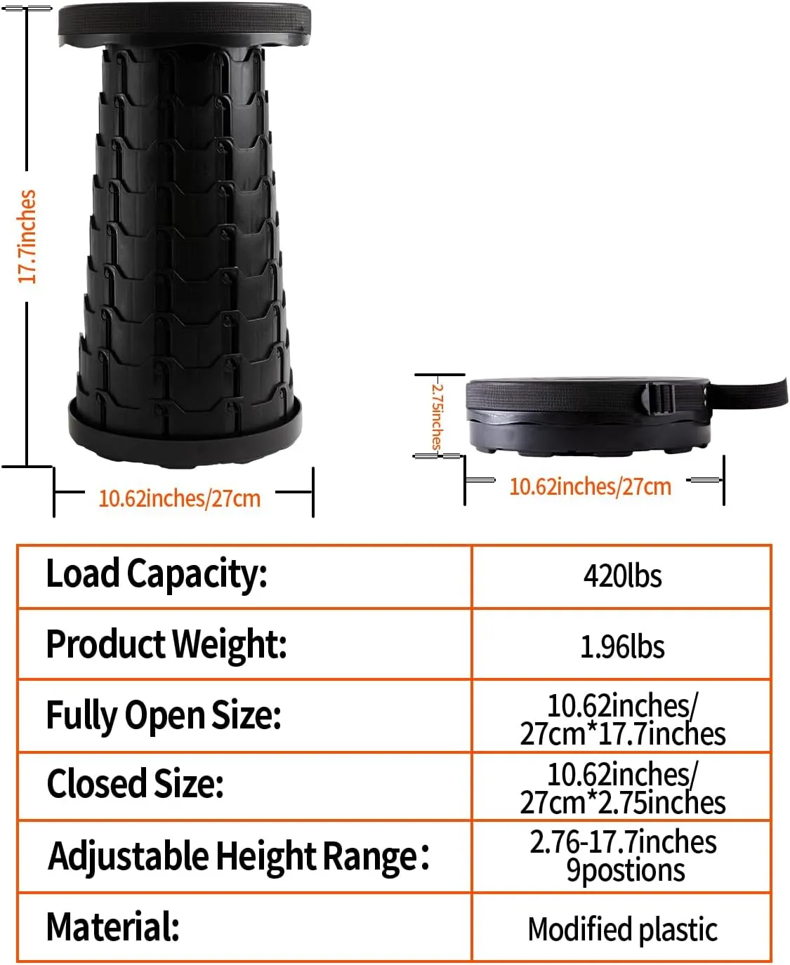 Upgraded Camping Folding Stool with Carrying Straps Lightweight Yet More Sturdy with Load Capacity 450lbs Portable Collapsible Retractable Stool for Camping Fishing Hiking BBQ (Black