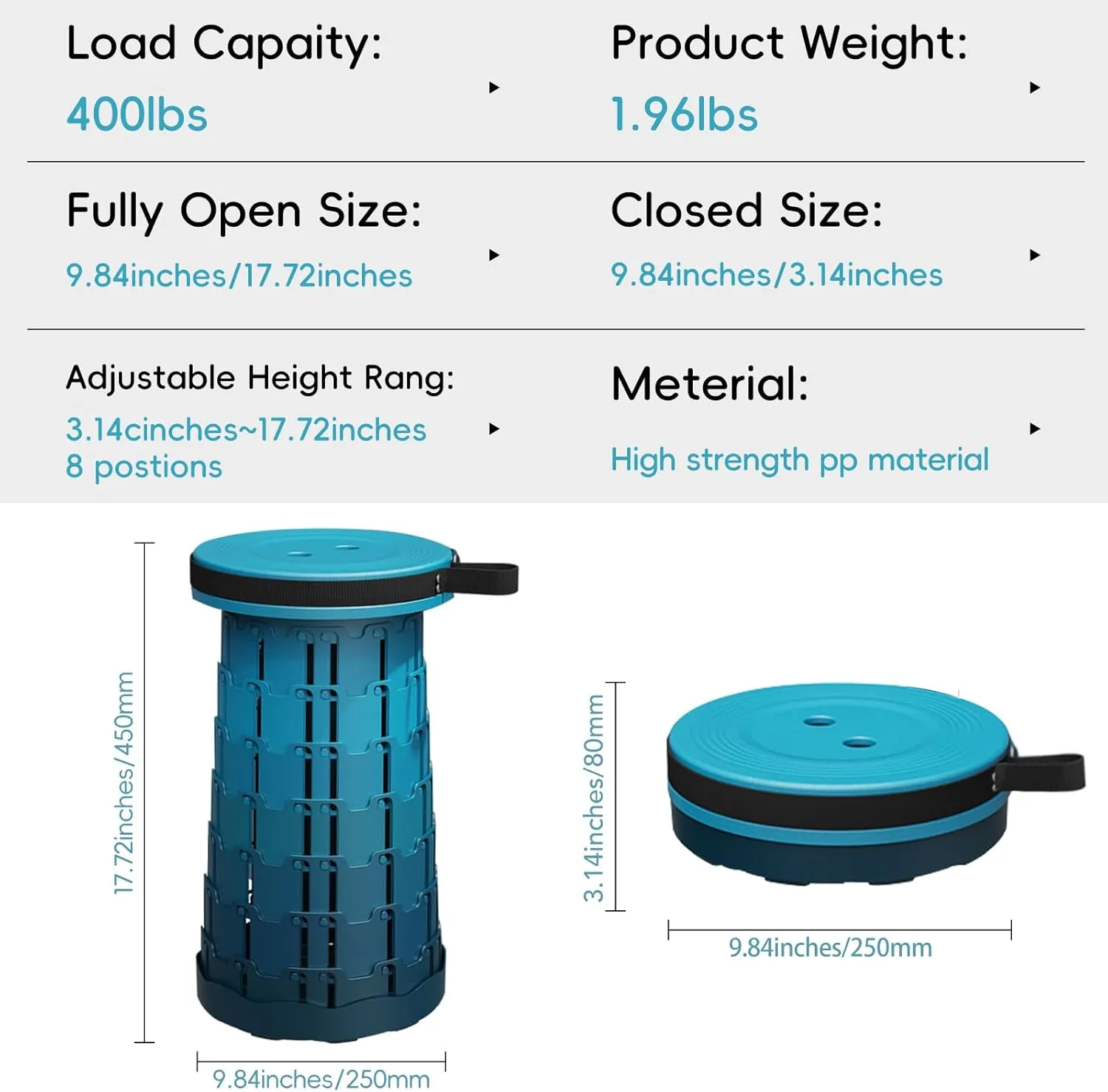 Upgraded Collapsible Stool with Load Capacity 400lbs and Folding Portable Retractable Telescoping Foldable Camping Stool for Adults Outdoor Camping Fishing Hiking Carrying Straps(Blue).