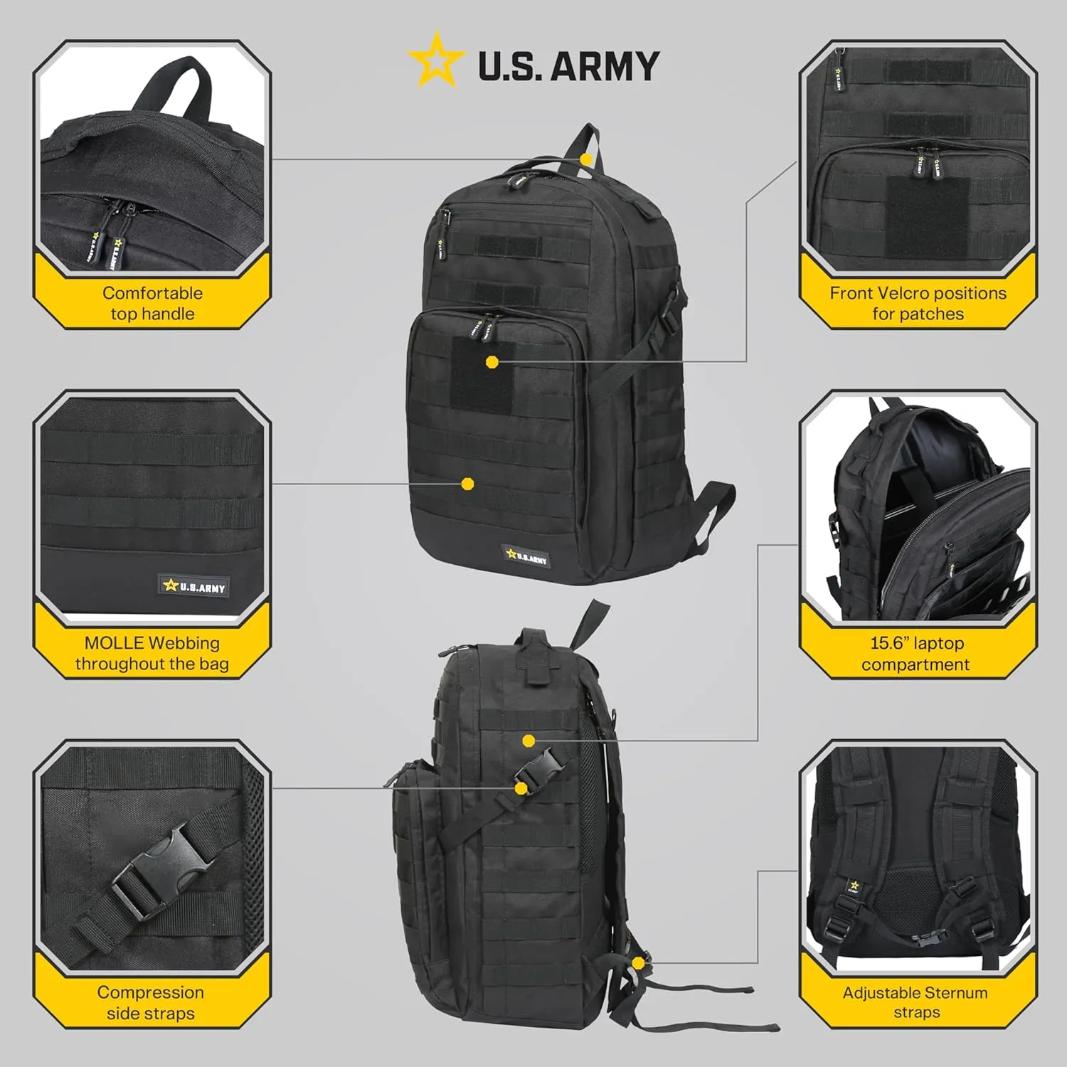 US ARMY WHISKEY Tactical Backpack - Heavy Duty Material, Molle Webbing, Multi-Compartment, Padded Laptop Sleeve, High Performance Military Backpack for Travel, Hiking, and Work - 24 Liters - Black