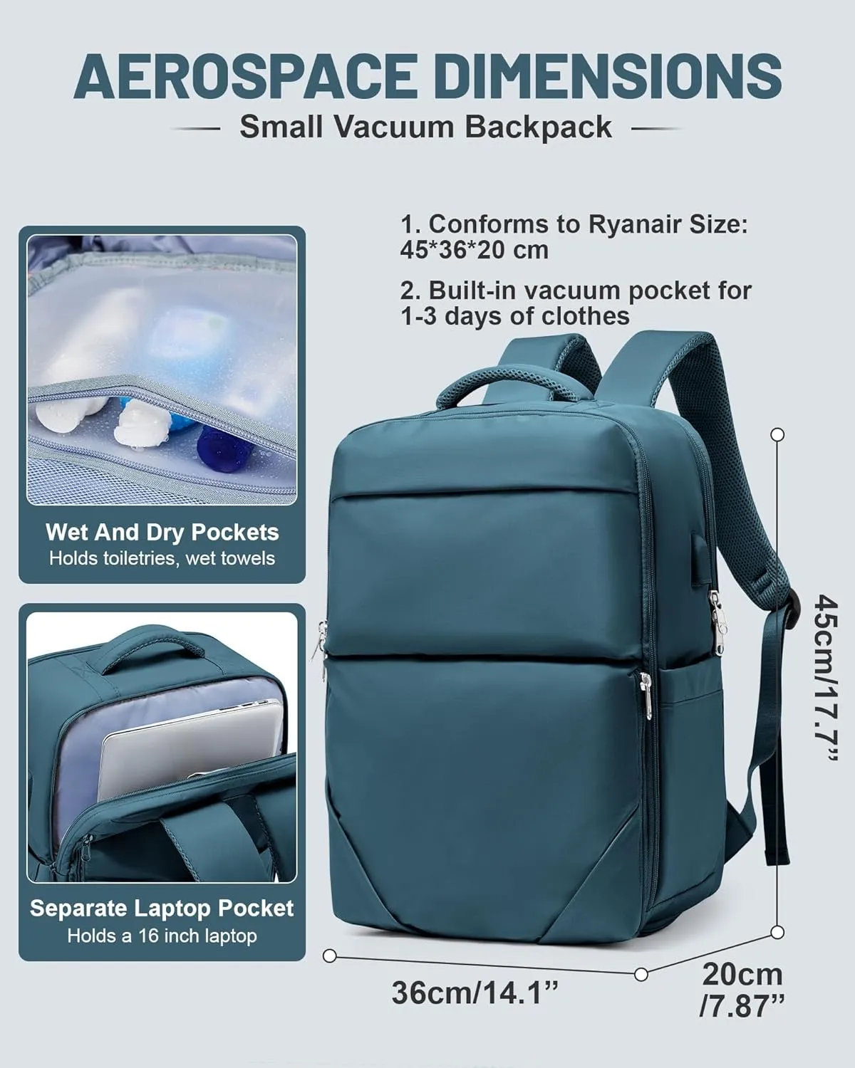 Vacuum Backpack With Pump,Travel Laptop Backpacks For Women Men,Carry On Backpack,Airback Backpacks With Vacuum Compression Bags Seal Packing,Personal Item Travel Bag Peacock Blue